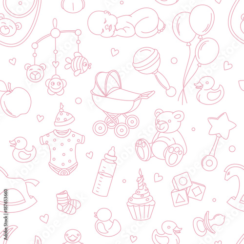Newborn baby shower seamless pattern for textile, print, greeting cards, wrapping paper, wallpaper. For boy or girl birthday celebration party. Vector illustration design line scetch stile