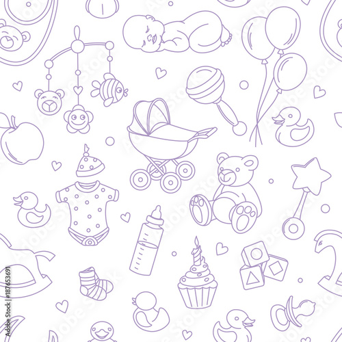 Newborn baby shower seamless pattern for textile, print, greeting cards, wrapping paper, wallpaper. For boy or girl birthday celebration party. Vector illustration design line scetch stile