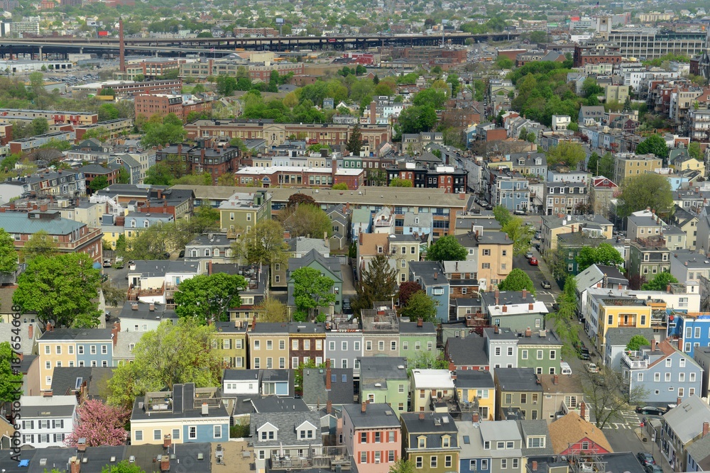 Boston Charlestown Houses aerial view, from the top of Bunker Hill Monument, Boston, Massachusetts, USA.