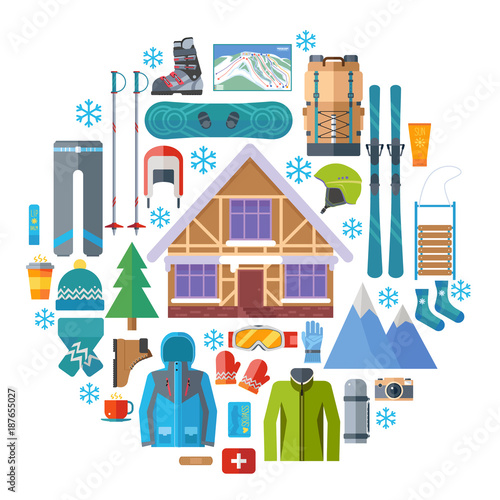 Winter sports activity and equipment round icon set. Skiing, snowboarding vector isolated. Ski resort elements in flat design illustration