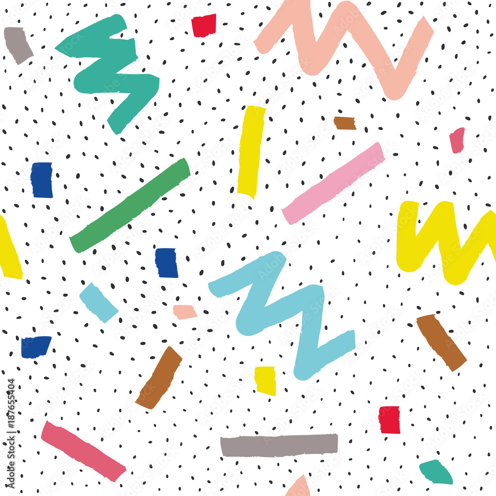 Hand drawn vector seamless pattern in memphis style with colorful stripes, zigzag and blobs on white background
