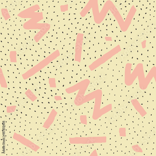Hand drawn vector seamless pattern in memphis style with pink stripes, zigzag and blobs on milky background
