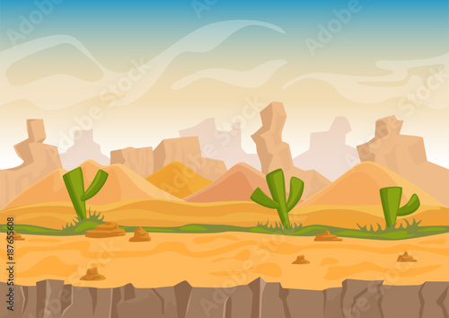 Cartoon sand and stone rocks desert landscape with cactuses and stone mountains. Vector game style vector illustration