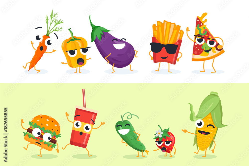 Naklejka Funny vegetables and fast food - set of vector characters illustrations