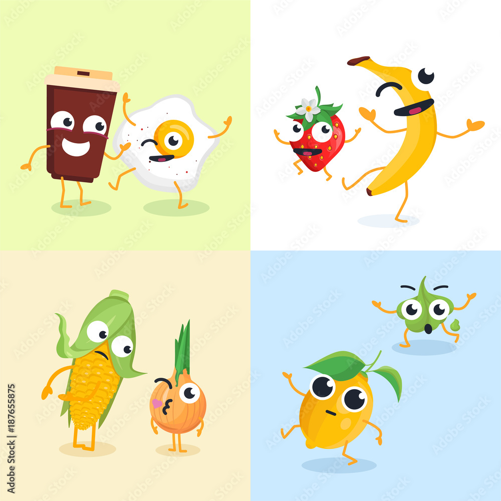 Funny food characters - set of modern vector illustrations Funny food characters - set of modern vector illustrations