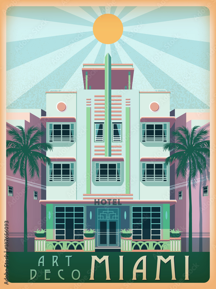 Fototapeta premium Sunny day in Miami, USA. Handmade drawing vector illustration. Art deco style.