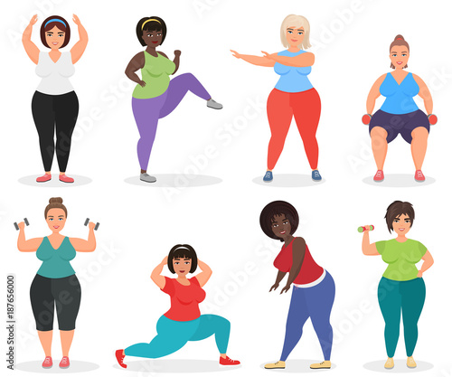 Set of cute plus size curved women doing fitness exercise. Fat woman sport and fitness.
