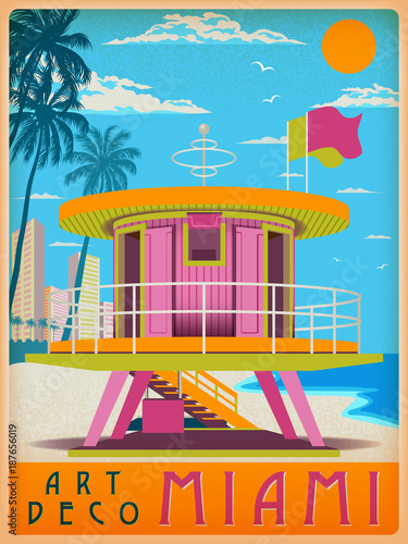 Sunny day in Miami, USA. Handmade drawing vector illustration. Art deco style.