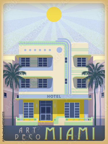Sunny day in Miami, USA. Handmade drawing vector illustration. Art deco style.