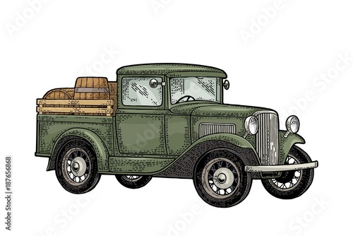 Retro pickup truck with wood barrel. Side view. Vintage color engraving