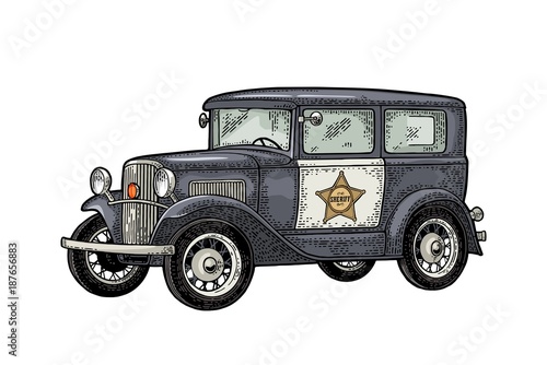 Retro police car sedan with sheriff star. Vintage color engraving