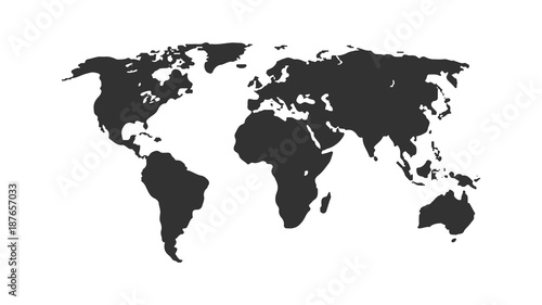 Black color world map isolated on white background. Abstract flat template with world map for web design, brochure, flyer, annual report, banner, infographic. Global concept, vector illustration.