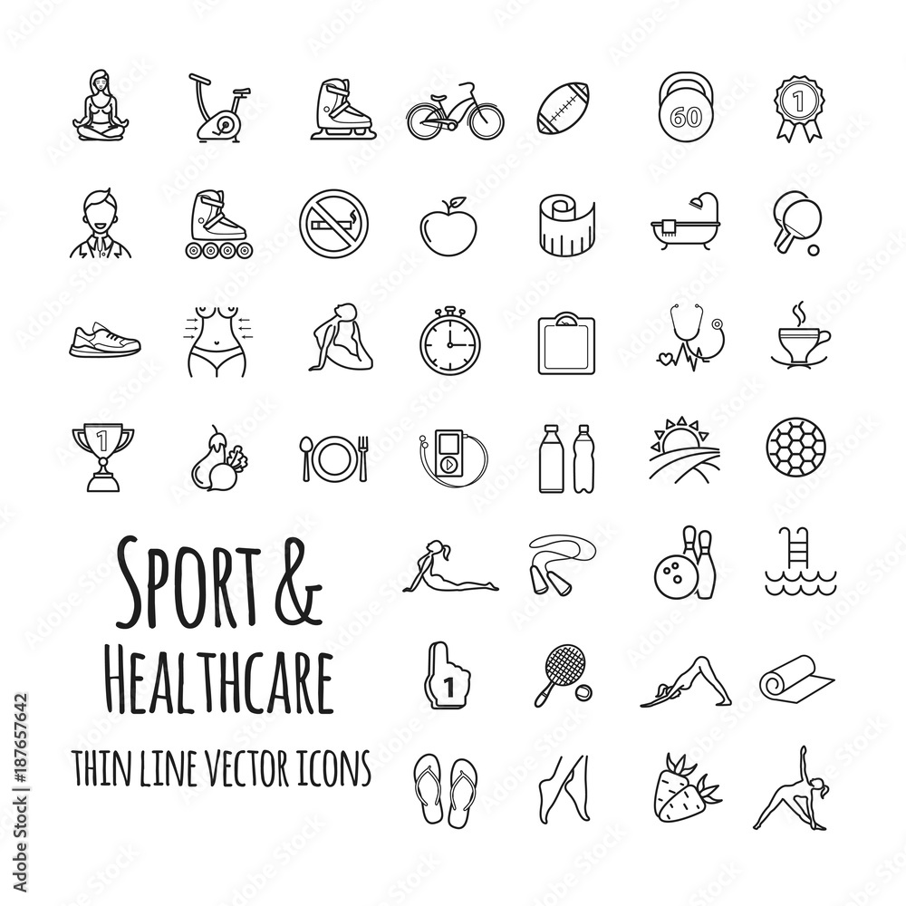 Sports, sports equipment, healthy lifestyle icons set