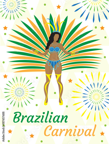 Brazilian carnival Rio de Janeiro poster, invitation. Brazil samba dancers, women dance in costumes with feathers. Template for your design. Vector illustration