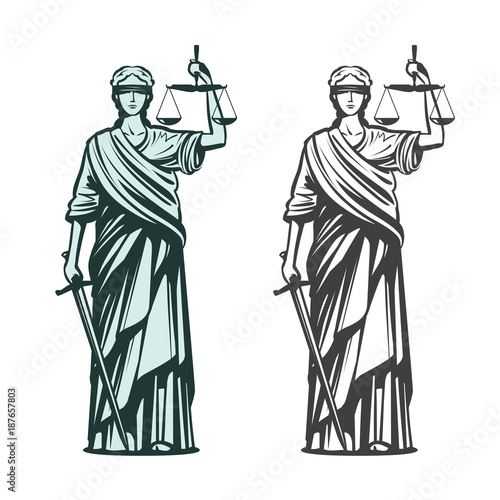 Judiciary symbol. Lady justice with blindfold, scales and sword in hands. Sketch vector illustration