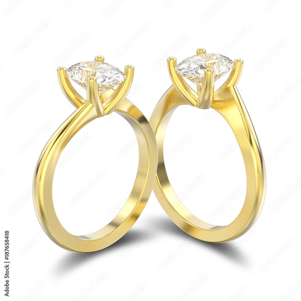 3D illustration isolated two yellow gold engagement illusion twisted rings with diamonds with shadow 3D illustration isolated two yellow gold engagement illusion twisted rings with diamonds with shadow