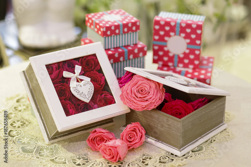 Box with flowers of red and pink roses,  background,Postcard, Valentine's Day, Women's Day, 8 march
