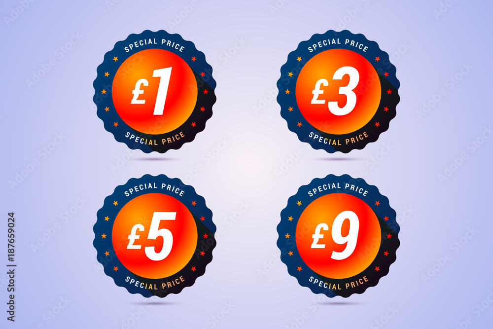 Special price labels with 1, 3, 5 and 9 Great Britain Pounds. Special price labels with 1, 3, 5 and 9 Great Britain Pounds.