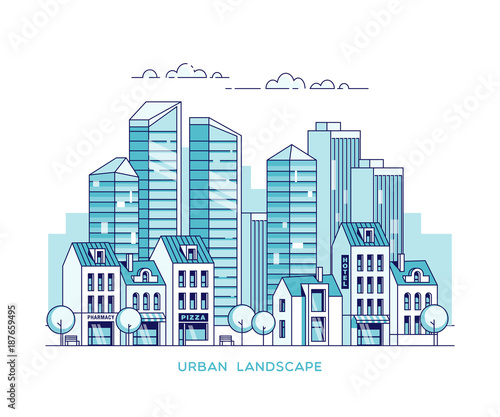 Urban landscape. City with skyscrapers and traditional buildings and houses. Linear vector illustration.