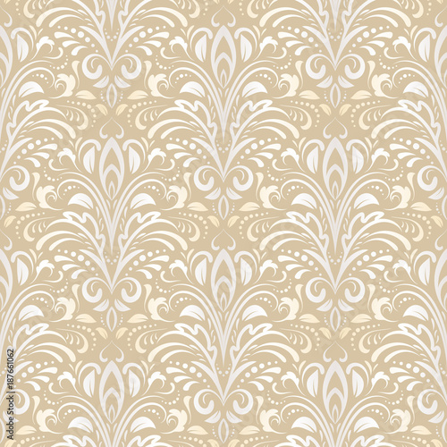 Symmetric seamless golden pattern. Decorative background in Baroque style. The rich decor of the shapes and lines for design of cloth or paper. Vector illustration.
