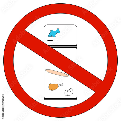 Refrigerator under the sign of prohibition. Dietary restriction. Vector illustration. Flat