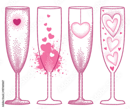 Vector set with dotted champagne glass with heart in pink isolated on white background. Champaign glass and hearts in dotwork style for restaurant and celebration Valentines day design.