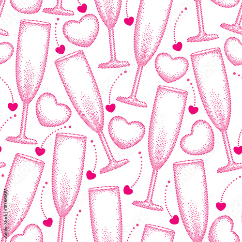Vector seamless pattern with dotted pink champagne glass and heart on the white background. Pattern in dotwork style with champagne glasses for celebration Valentines design.