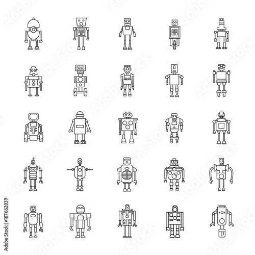 Robots outline Icons set. Vector illustration with mechanic and elecrtic robots in line style. Technology objects.