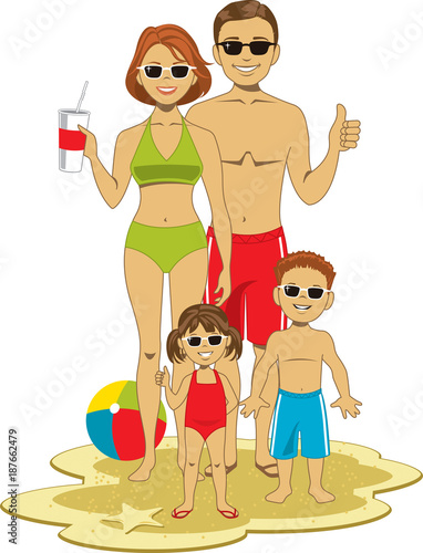 Tan, healthy family of four enjoying a day at the beach