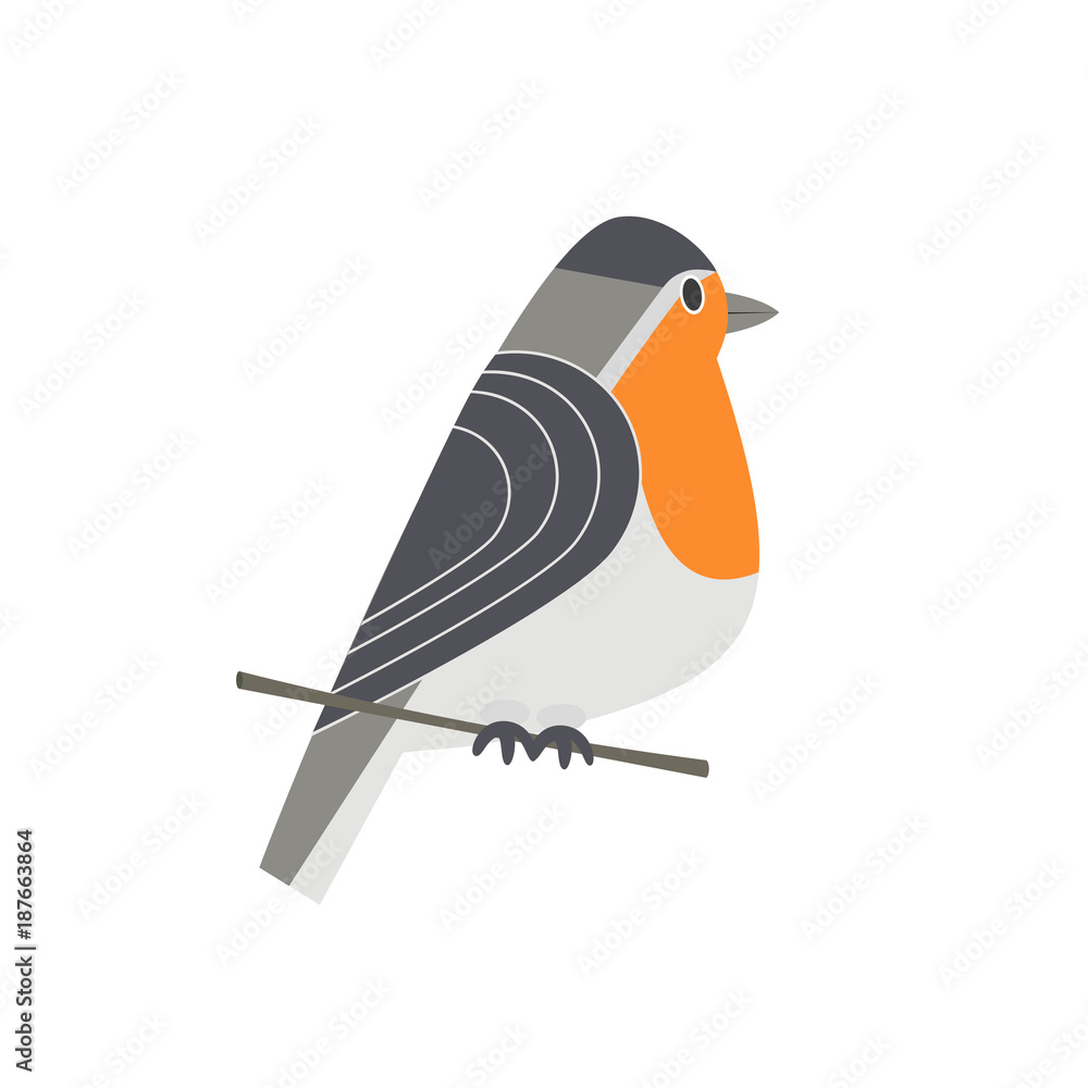 Obraz premium Cute Robin bird icon. Freehand cartoon comic style. Winter birds of city garden, backyard. Stylized funny animal isolated. Element for banner background. Vector design of logotype, advertisement label
