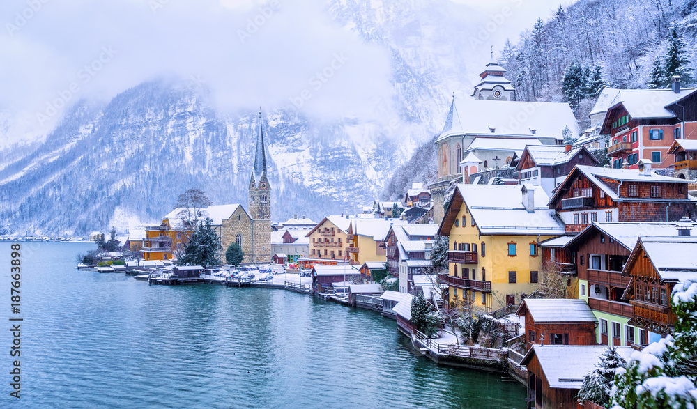 Hallstatt town on a lake in Alps mountains, Austria, in winter
