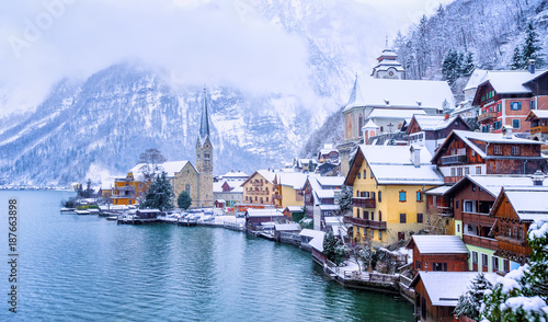 Hallstatt town on a lake in Alps mountains, Austria, in winter