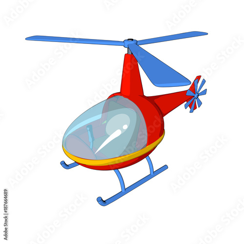 helicopter red transparent cab yellow stripes cartoon style white background different kinds of foreshortening isolate 