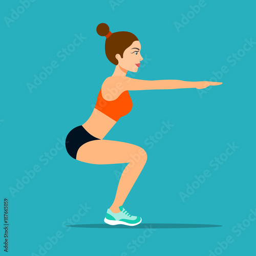 Young sportswoman in sportwear doing squats. Vector flat style isolated illustration.