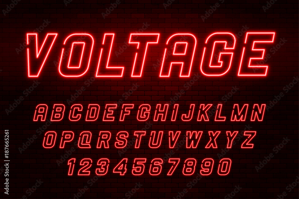 Voltage neon light alphabet, realistic extra glowing font - obrazy, fototapety, plakaty 