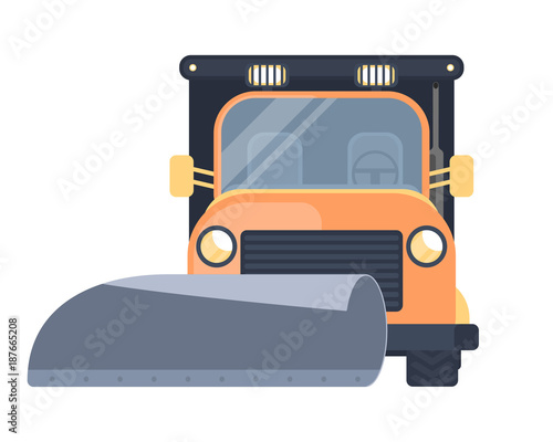 Snow removal truck or machine for highway service. Snow grooming car. Flat vector illustration.
