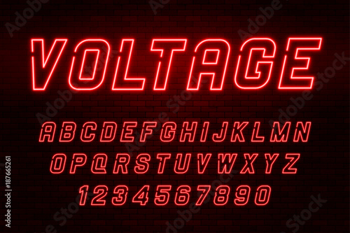 Voltage neon light alphabet, realistic extra glowing font