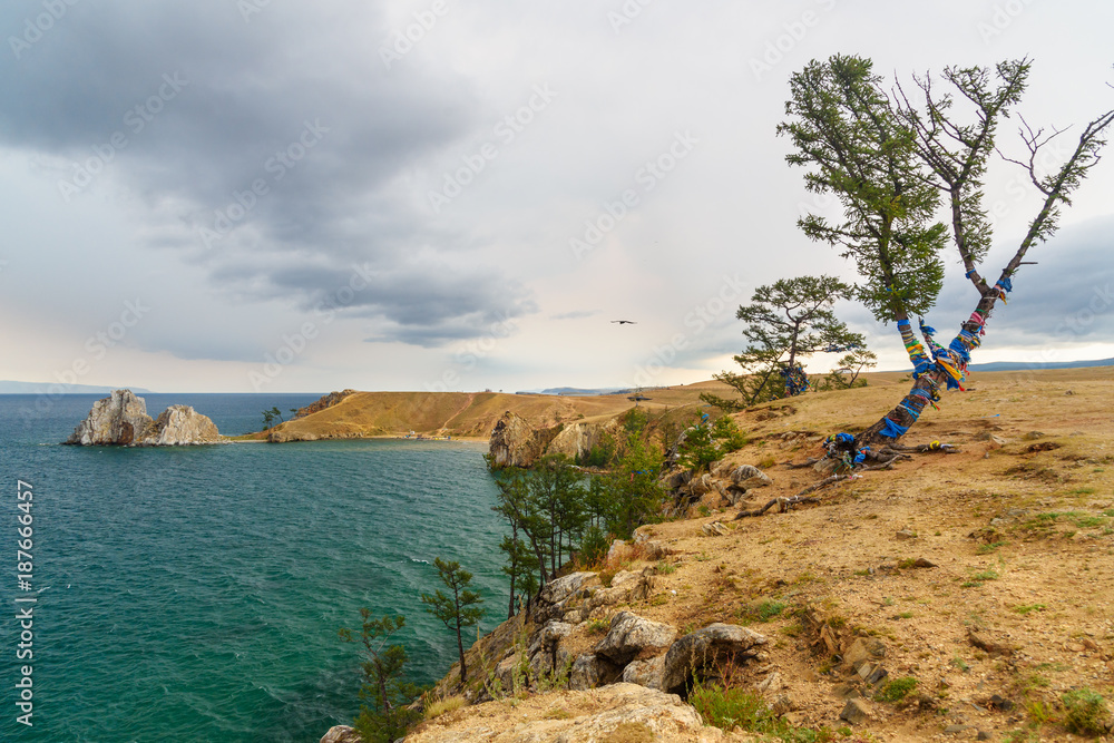 View of Shaman Rock. Lake Baikal. Olkhon Island. Russia View of Shaman Rock. Lake Baikal. Olkhon Island. Russia