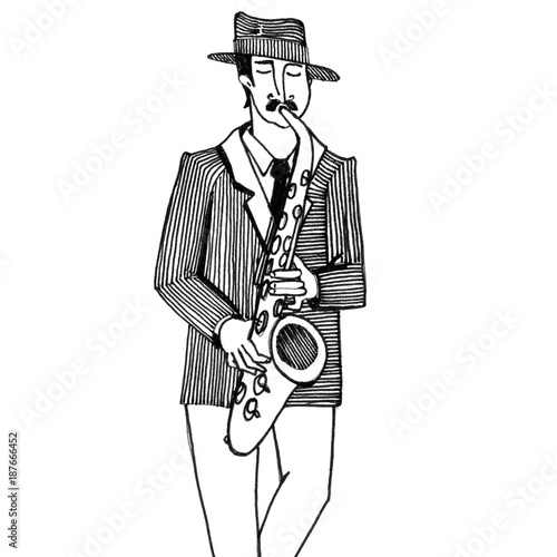 Black and white sketch of saxophonist. Man in a striped jacket and hat  plays on the saxophone.