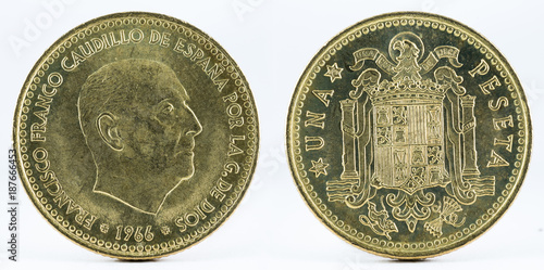 Old Spanish coin of 1 peseta, Francisco Franco. Coined in copper. Year 1966, 1975 in the stars.