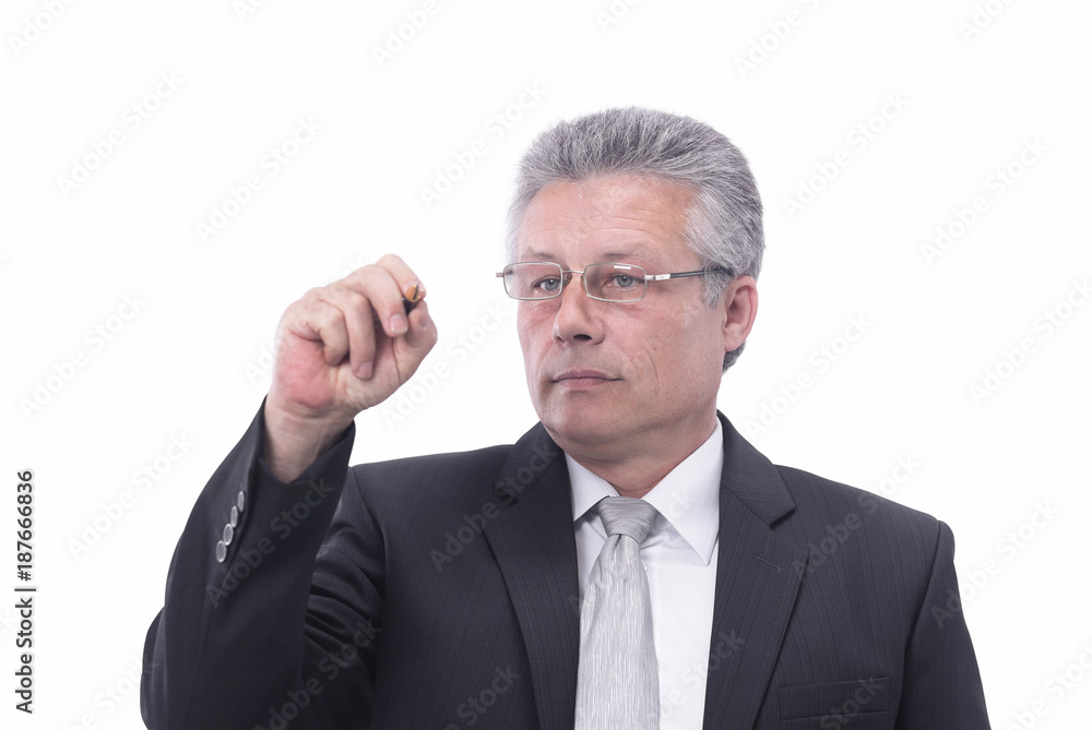businessman writes a marker on a virtual Board businessman writes a marker on a virtual Board