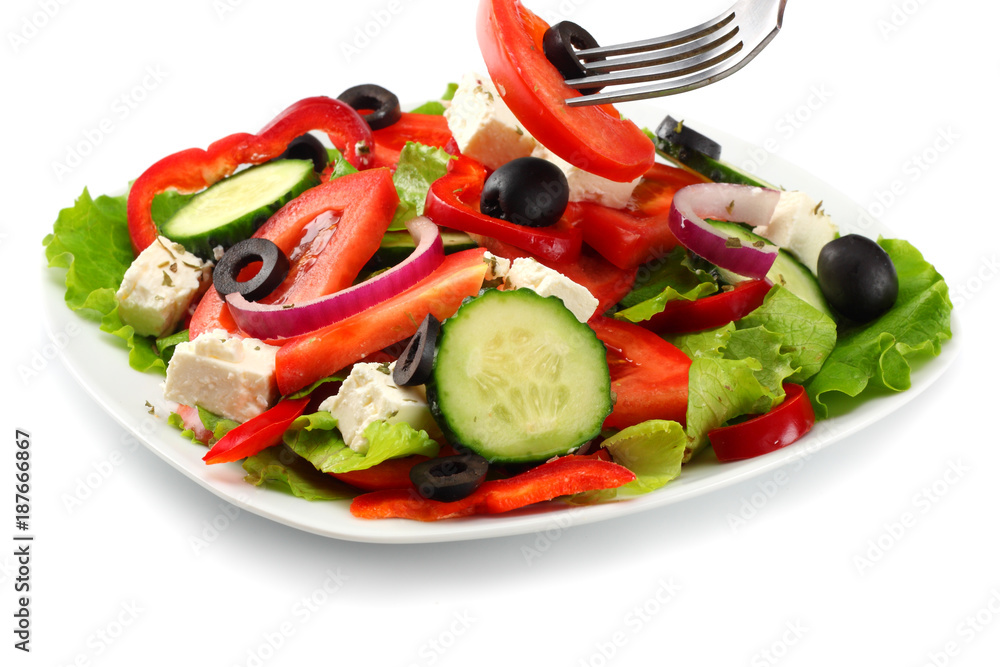 Square plate of greek salad isolated on white. fresh vegetable salad Square plate of greek salad isolated on white. fresh vegetable salad