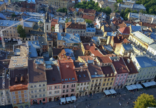 Old Lviv. View from the town hall tower. The roofs of the old Lviv.