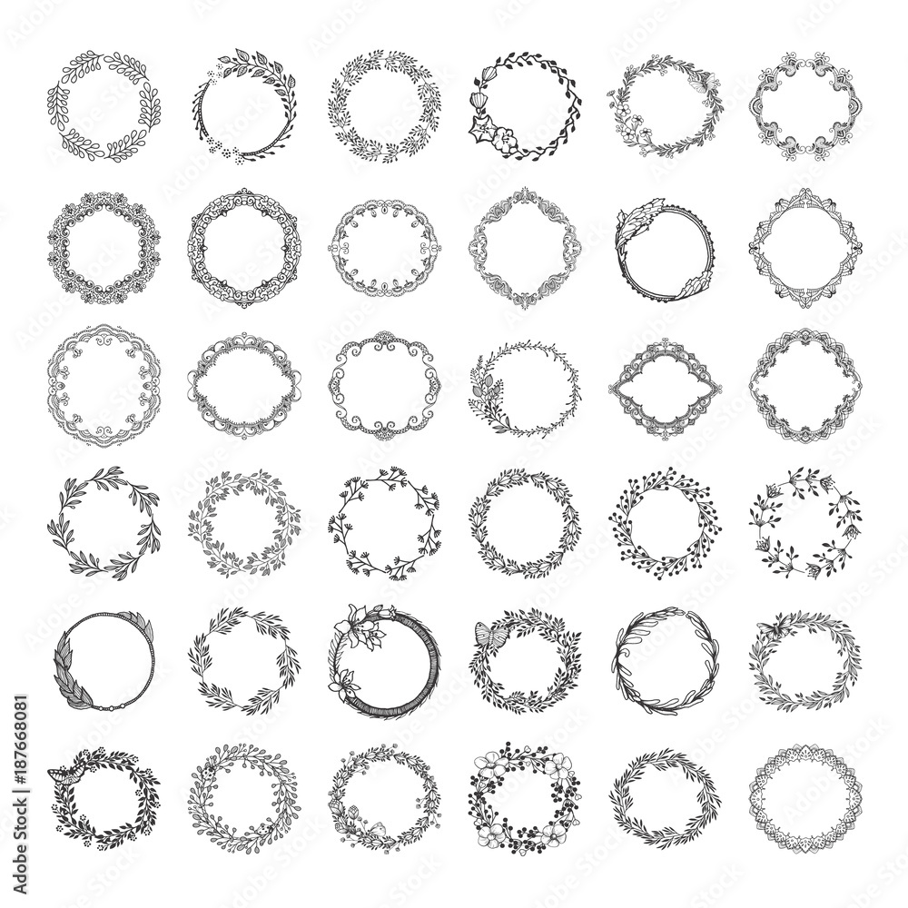 Set of wreath isolated on white background. Vector template with flourishes ornament elements. Set of wreath isolated on white background. Vector template with flourishes ornament elements.