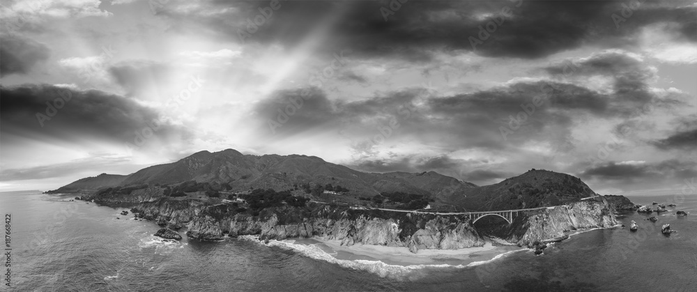 Big Sur panoramic aerial skyline at sunset, black and white view of California