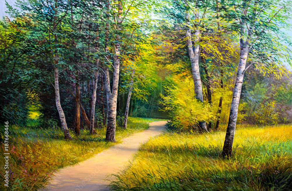 Summer forest road, oil painting on canvas