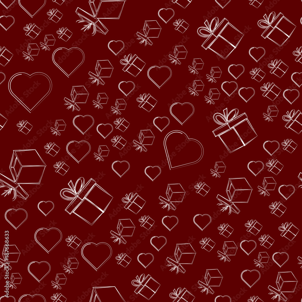 Gifts and hearts on a red background, seamless pattern.. Vector illustration. Gifts and hearts on a red background, seamless pattern.. Vector illustration.
