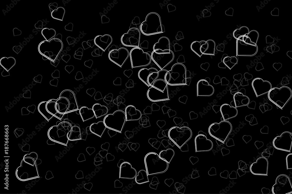 Silhouettes of heart symbols on a black backdrop. Beautiful abstract background.