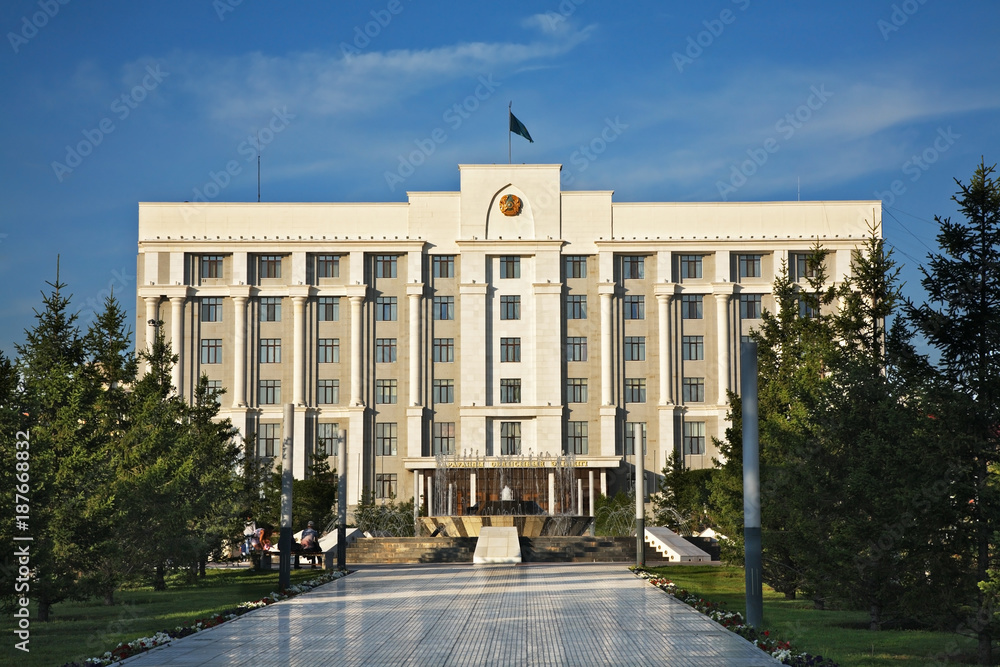 Naklejka premium Akimat - City hall at Independence square in Karaganda. Kazakhstan
