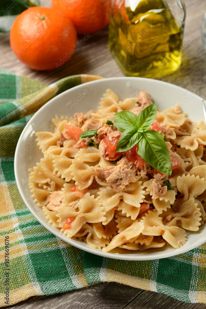 pasta butterflay with tomato and mackerel - italian food
